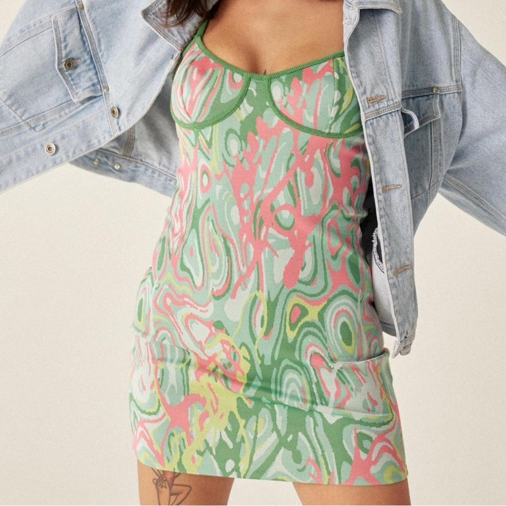 ZARA Green and Pink Abstract Patterned Tank Mini Dress - Picture 3 of 6